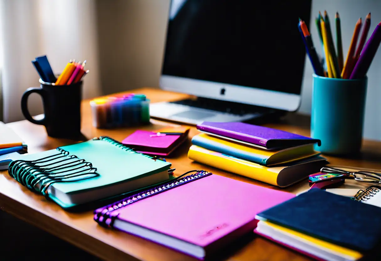 Various educational tools like books, laptops, and notebooks.